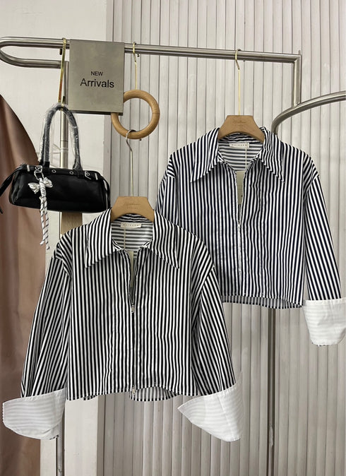 Casual Zipper Stripes Crop Shirts